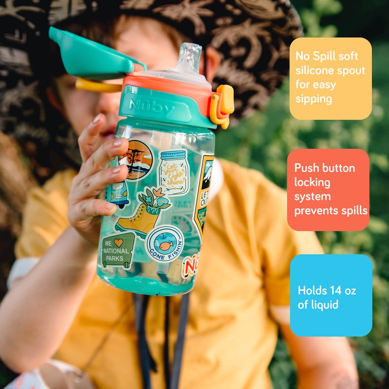 Nuby Kids Spill Proof Push Button and Travel Sticker Water Bottle with Soft Silicone Spout: 18+ Months, 14oz / 420ml - Image 4