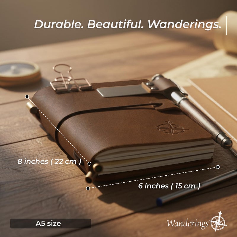 WANDERINGS A5 Travelers Notebook/Handcrafted Genuine Leather Journal - 6"x8.5"/15cmx22cm Refillable Travel Journal with Pen Holder, Pen, 2 extra Ink Refills, PVC Folder, Binder Clip - Image 4