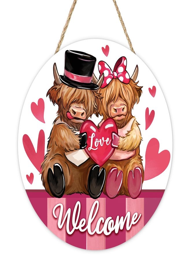 Bolisom Welcome Valentines Day Highland Cow Front Door Sign, Pink Love Heart Farmhouse Wood Hanger Outdoor Porch Home Decor, Romantic Anniversary Wedding Wooden Wreath Indoor Wall Hanging Decoration - Image 1
