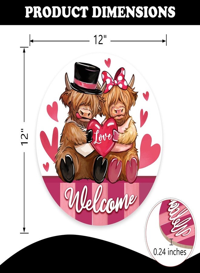 Bolisom Welcome Valentines Day Highland Cow Front Door Sign, Pink Love Heart Farmhouse Wood Hanger Outdoor Porch Home Decor, Romantic Anniversary Wedding Wooden Wreath Indoor Wall Hanging Decoration - Image 2
