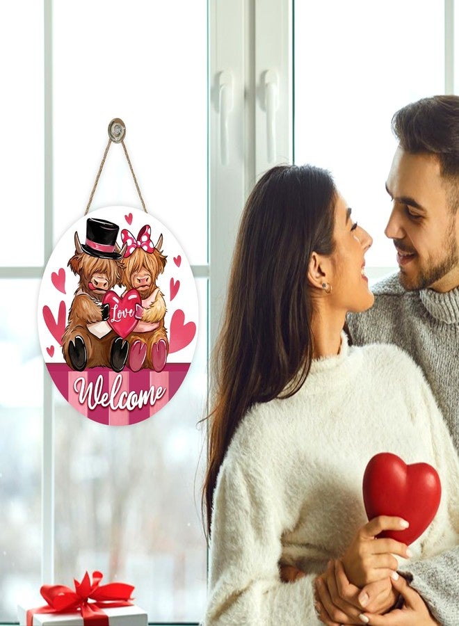 Bolisom Welcome Valentines Day Highland Cow Front Door Sign, Pink Love Heart Farmhouse Wood Hanger Outdoor Porch Home Decor, Romantic Anniversary Wedding Wooden Wreath Indoor Wall Hanging Decoration - Image 5