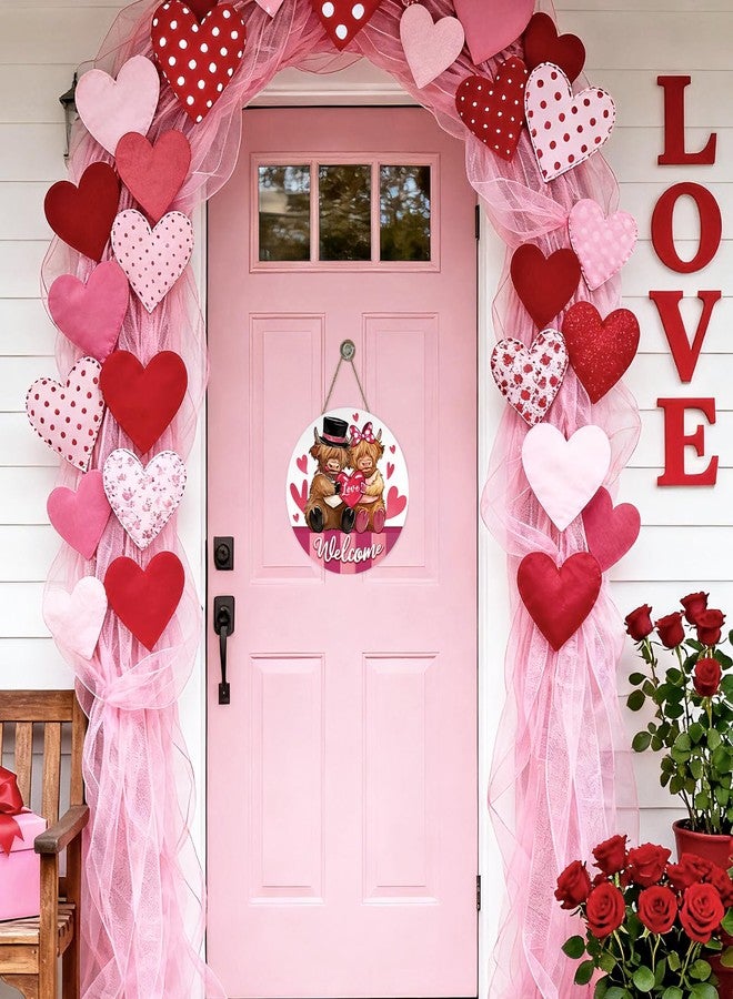 Bolisom Welcome Valentines Day Highland Cow Front Door Sign, Pink Love Heart Farmhouse Wood Hanger Outdoor Porch Home Decor, Romantic Anniversary Wedding Wooden Wreath Indoor Wall Hanging Decoration - Image 4