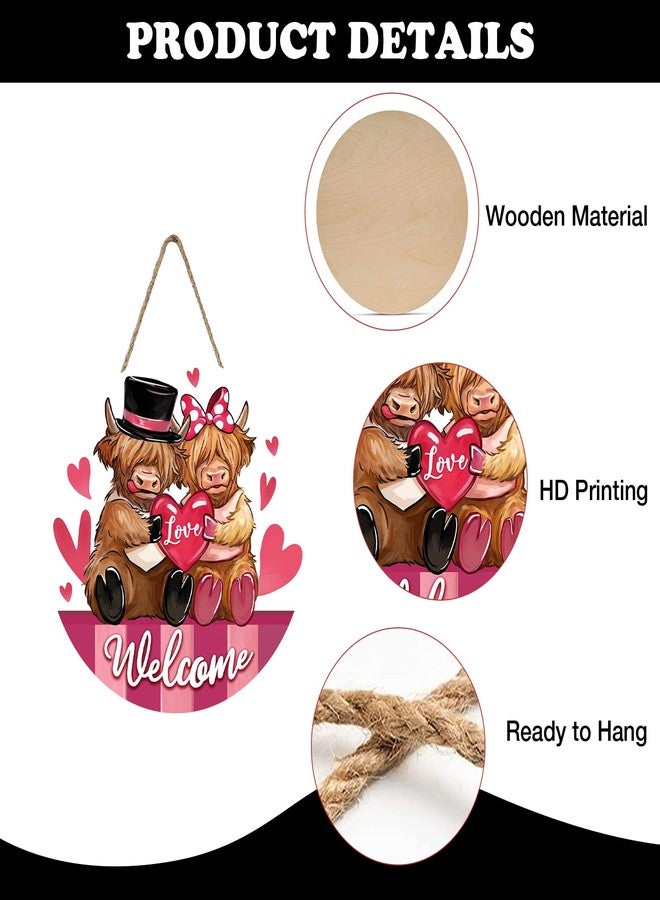 Bolisom Welcome Valentines Day Highland Cow Front Door Sign, Pink Love Heart Farmhouse Wood Hanger Outdoor Porch Home Decor, Romantic Anniversary Wedding Wooden Wreath Indoor Wall Hanging Decoration - Image 3