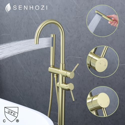 Senhozi صنبور حوض مستقل مثبت على الأرض، صنابير حوض سنهوزي باللون الذهبي المصقول، صنبور خلط ذو مقبضين باللون الذهبي لصنبور حوض مستقل مع دش يدوي، SE-3001-BG - Image 2