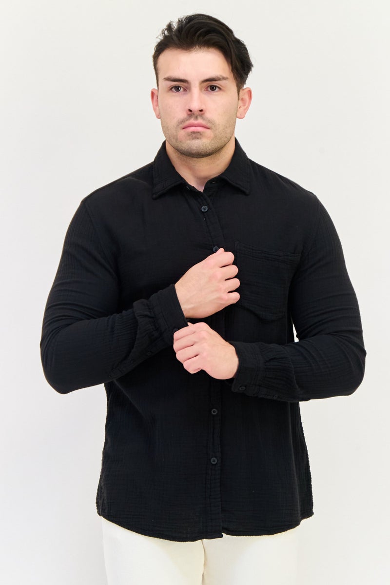 Celio Men Regular Fit Textured Long Sleeves Casual Shirt, Black  - Image 1