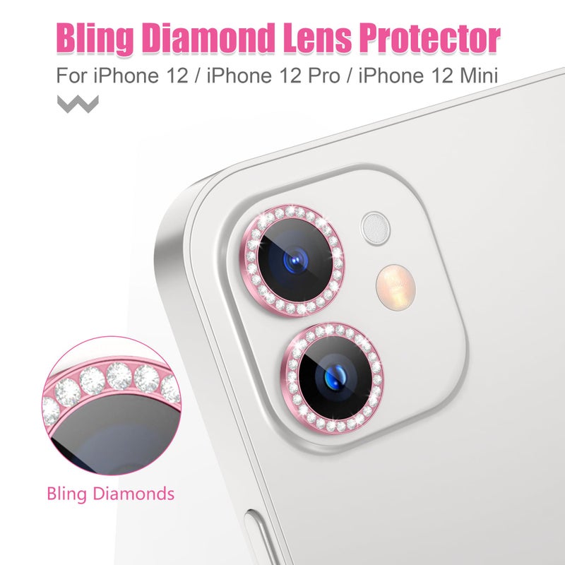 AGVEE 3+3 6 Pack for iphone 12 Pro/12/12 Mini/11 Pro Max/11 Pro/11 Camera Lens Protector, Bling Diamond & Bling Glitter Metal Ring 9H Tempered HD Glass Camera Cover, Bling-Pink - Image 4
