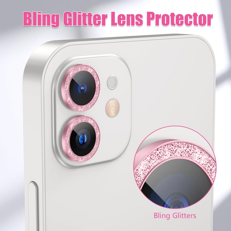 AGVEE 3+3 6 Pack for iphone 12 Pro/12/12 Mini/11 Pro Max/11 Pro/11 Camera Lens Protector, Bling Diamond & Bling Glitter Metal Ring 9H Tempered HD Glass Camera Cover, Bling-Pink - Image 5