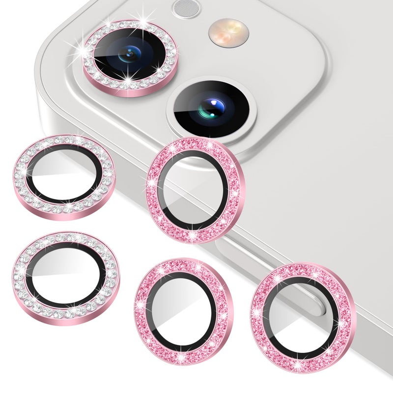 AGVEE 3+3 6 Pack for iphone 12 Pro/12/12 Mini/11 Pro Max/11 Pro/11 Camera Lens Protector, Bling Diamond & Bling Glitter Metal Ring 9H Tempered HD Glass Camera Cover, Bling-Pink - Image 1
