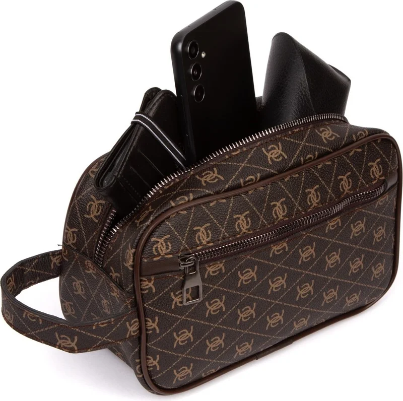 اديلينا باجز Brown Patterned Portfolio Travel Handbag and Mechanical Wallet Set