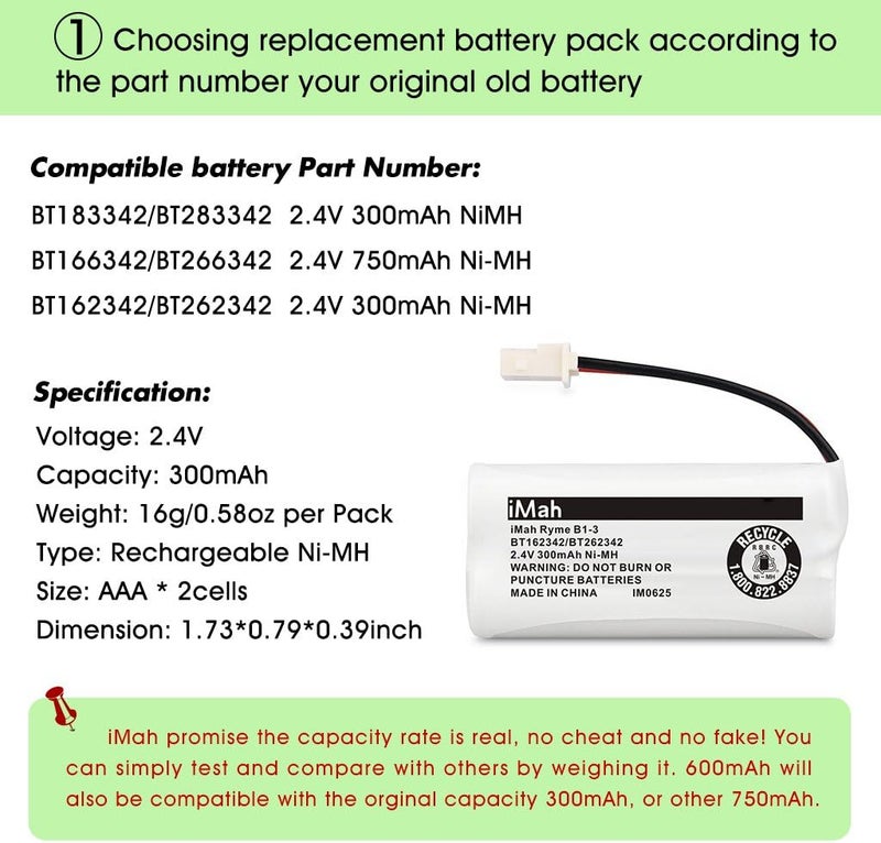 iMah BT162342/BT262342 Cordless Phone Batteries Compatible with VTech CS6409 CS6419 CS6429 CS80100 AT&T CL81101 EL5210 EL52400 Handset Telephone (Pack of 6) - Image 3