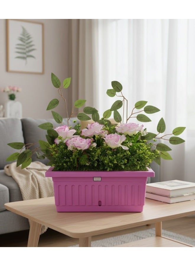 Artificial flower pot with a bouquet of roses and green leaves, a plastic pot for home decor, available in multiple colors.