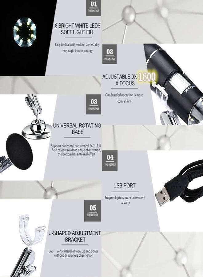 1600X USB Digital Microscope for Industrial View Hand-held Detecting with 8 White LED Lights Magnifier - Image 2