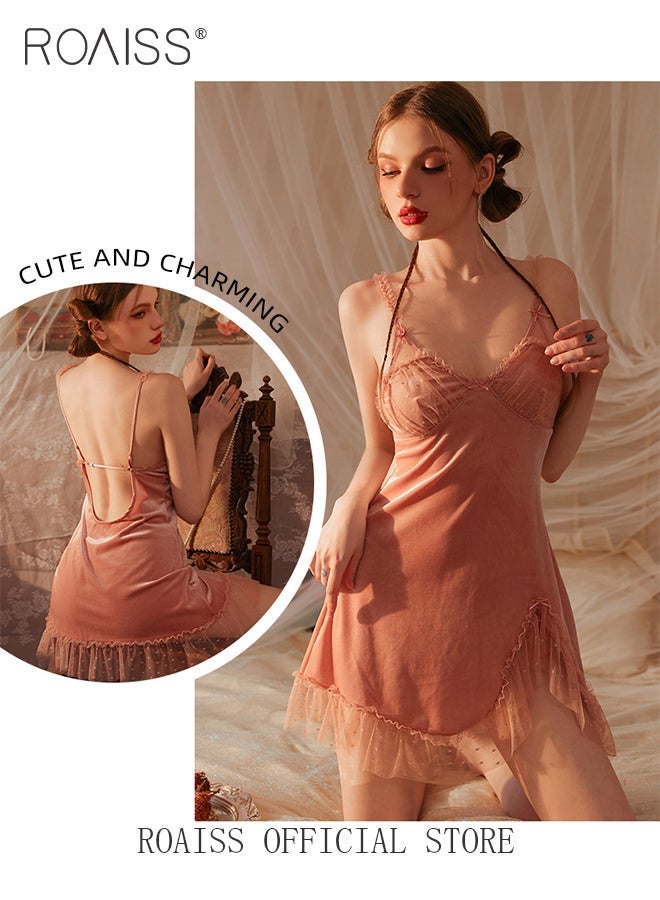 رويس 4 قطع من بيجامات الدانتيل الفرنسية المخملية للنساء، ثوب نوم بدون ظهر مجوف، حمالة صدر ناعمة ومريحة، ملابس نوم لطيفة للفتيات، فستان نوم فاخر نبيل، لون ذهبي وردي - Image 4