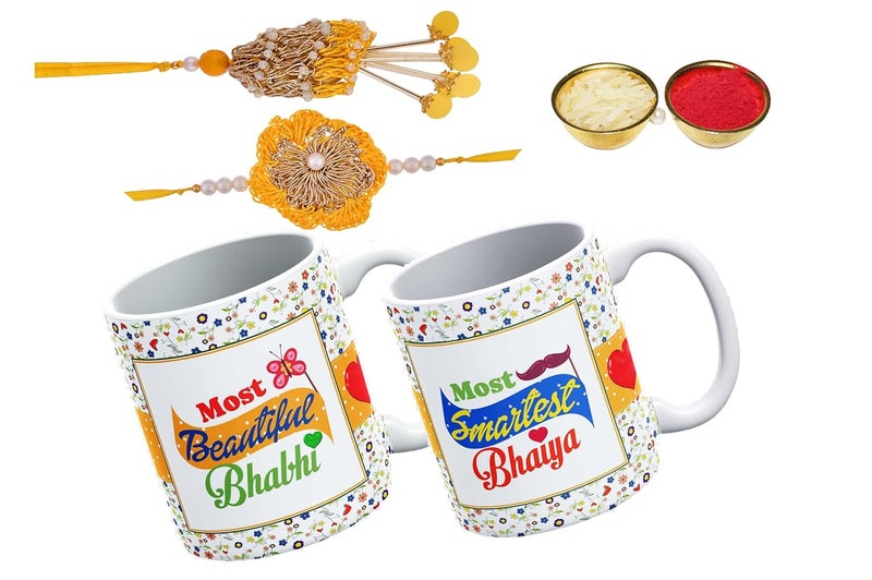 V Kraft World Best BHAIYA BHABHI Printed Unique Coffee Mug with Designer Rakhi for bhaiya bhabhi with roli chawal and Rakhi Special Wishes Card 330 ml B 10 - Image 1