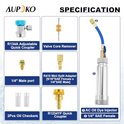 Aupoko AC Oil Dye Injector Kit, A/C Oil Dye Injector Tools with R134a Adjustable Quick Coupler, R410 Mini Split Adapter, Valve Core Remover and Oil Checkers for R134A R1234YF R410A Refrigerant System - Image 3