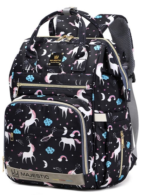 138 Baby Maternity Diaper Unicorn Waterproof Multifunctional large capacity backpack bag with USB Charging output - Black