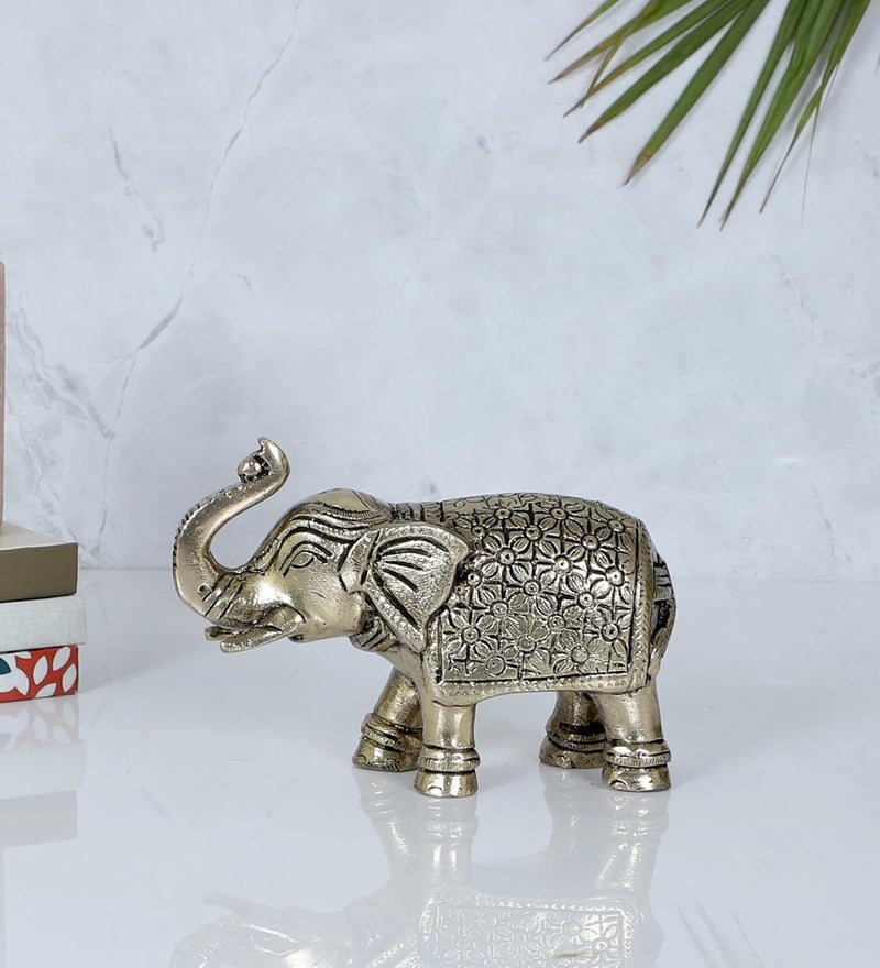 Two Moustaches 5 Inches Ethnic Carved Elephant Brass Showpiece Elephant Showpiece for Home Decor Gifts for Housewarming Brass Elephant Statue Antique White Pack of 1 Animal - Image 3