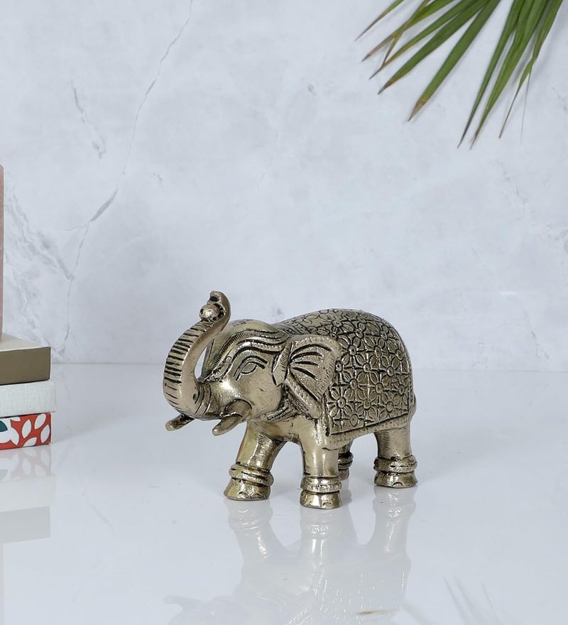 Two Moustaches 5 Inches Ethnic Carved Elephant Brass Showpiece Elephant Showpiece for Home Decor Gifts for Housewarming Brass Elephant Statue Antique White Pack of 1 Animal - Image 2