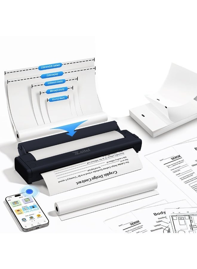Zeitel® A4 Portable Thermal Printer, Printer Wireless for Travel, 200DPI No Ink Black & White, Bluetooth & USB, with 50 A4 Thermal Papers & 1 Roll, Compatible with Android iOS Laptop, App