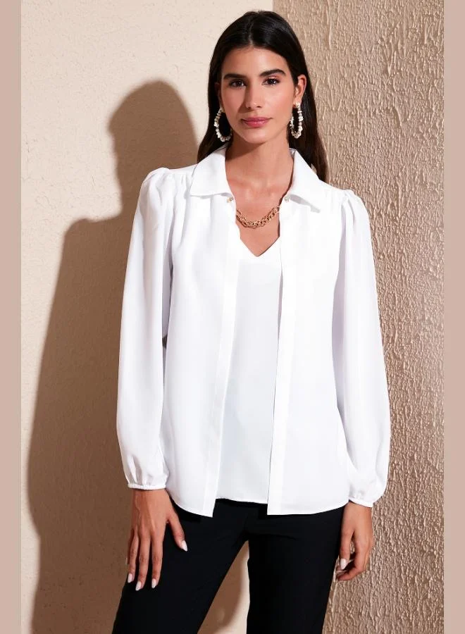 ليلا بلوزة ليلى بقصة عادية وياقة على شكل حرف  وأكمام بالون للنساء