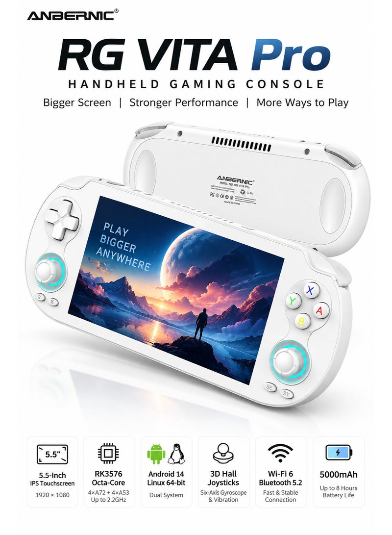 ANBERNIC RG VITA Pro Handheld Game Console, 5.5-Inch 1080P IPS Touchscreen, RK3576 Octa-Core, Android 14/Linux 64-Bit, 4GB+64GB, Hall Joysticks, Wi-Fi 6, Bluetooth 5.2, 5000mAh, White - Image 1