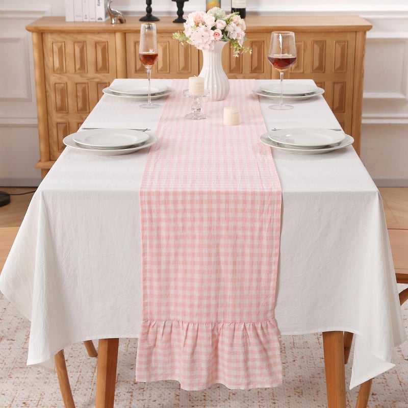 K MASANIJI Peachy Blush White Plaid Gingham Ruffle Table Runner 108 inches Long 100% Washed Cotton Decorative Farmhouse Cabinet Cover (Blush, 108"x13") - Image 1