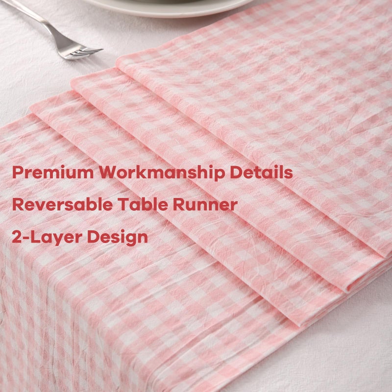 K MASANIJI Peachy Blush White Plaid Gingham Ruffle Table Runner 108 inches Long 100% Washed Cotton Decorative Farmhouse Cabinet Cover (Blush, 108"x13") - Image 5