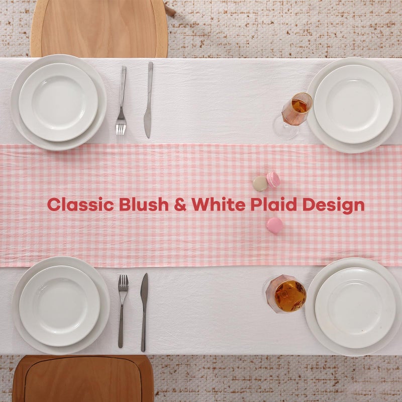 K MASANIJI Peachy Blush White Plaid Gingham Ruffle Table Runner 108 inches Long 100% Washed Cotton Decorative Farmhouse Cabinet Cover (Blush, 108"x13") - Image 4