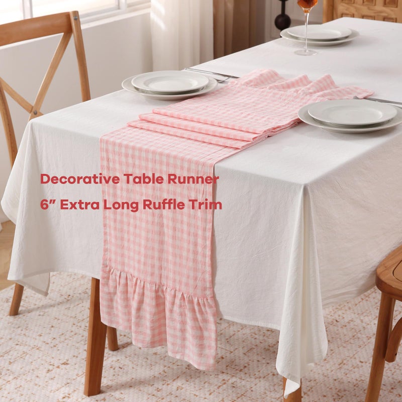 K MASANIJI Peachy Blush White Plaid Gingham Ruffle Table Runner 108 inches Long 100% Washed Cotton Decorative Farmhouse Cabinet Cover (Blush, 108"x13") - Image 3