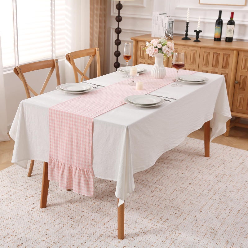 K MASANIJI Peachy Blush White Plaid Gingham Ruffle Table Runner 108 inches Long 100% Washed Cotton Decorative Farmhouse Cabinet Cover (Blush, 108"x13") - Image 2