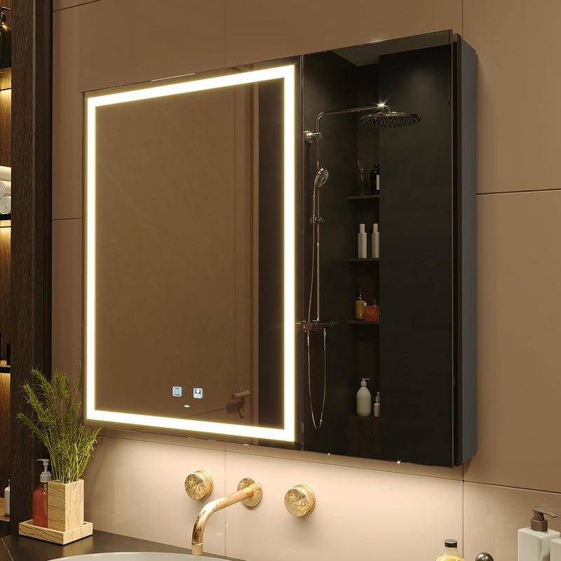 KWW 30 x 28 Inch Double Doors LED Lighted Bathroom Medicine Cabinet Defogger Dimmable 3 Color Light Makeup Mirror Outlets  USBs Easy to Install Wall Mounted Mirror Cabinet