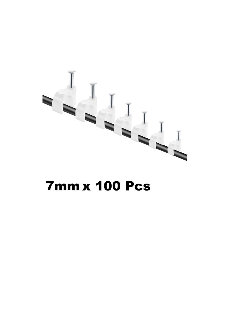 Electrical Cable Wire Round Clips, Steel Nails Tacks Holder for Organizing Electric Wires Cables Lines - White (7mm - 100Pcs) - Image 1