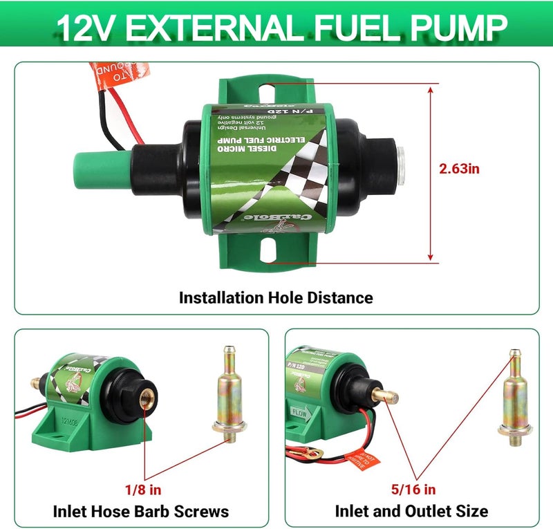 CarBole 12D Micro Electric Diesel Fuel Pump Universal 5/16 inch Inlet and Outlet 12V 1-2 A, 35 GPH, 4-7 PSI - Image 2
