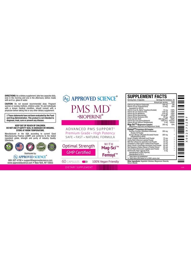 Approved Science PMS MD - Eliminate PMS Symptoms - Calcium, B Vitamins, BioPerine - 60 Capsules - One Month Supply - Vegan - Image 4