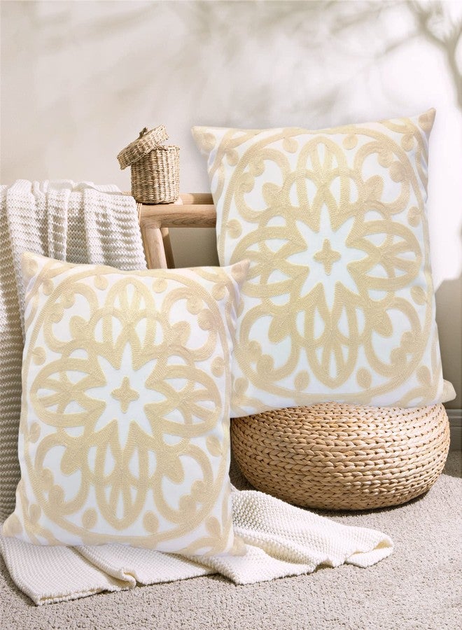 Alysheer Embroidered Decorative Throw Pillow Covers 18"x18" Set of 2 Pieces, Cozy Boho Mandala Knit Pattern, Durable 100% Cotton Canvas，Light Beige Cushion Cases for Sofa Couch Living Room (Ivory) - Image 2