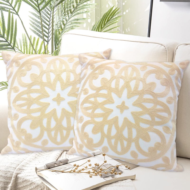 Alysheer Embroidered Decorative Throw Pillow Covers 18"x18" Set of 2 Pieces, Cozy Boho Mandala Knit Pattern, Durable 100% Cotton Canvas，Light Beige Cushion Cases for Sofa Couch Living Room (Ivory) - Image 1