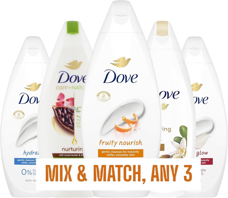 Dove Body WashShower Gel 225ml Mix Match Any 3 Choose from Pampering Velvet Glow Hydrate Fruity Nourish Nurturing and Revitalising 3 x 225ml