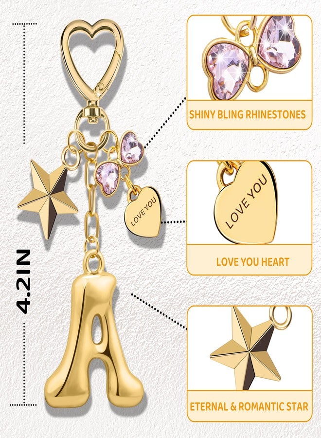 Suweibuke Gold Bubble Initial Letter Keychain, Women Girl Bags Charms Gift - Mother's Day Birthday Christmas Valentine's Gift (A-Gold Letter Pink Rhinestone) - Image 3