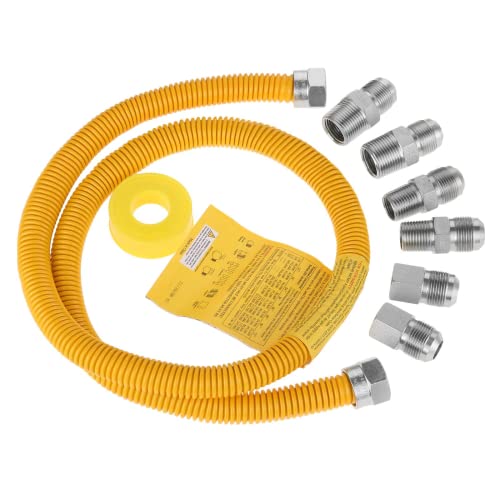 Lemfema 48"Gas Hose Connector Kit Gas Line for Dryer, Water Heater, Stove- 5/8 In. OD (1/2 In. ID) 1/2 In Flexible Gas Line, FIP X 1/2 in. MIP X 3/4 In. MIP Fitting, Stainless Steel, Yellow Coated - Image 1