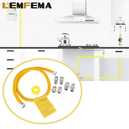 Lemfema 48"Gas Hose Connector Kit Gas Line for Dryer, Water Heater, Stove- 5/8 In. OD (1/2 In. ID) 1/2 In Flexible Gas Line, FIP X 1/2 in. MIP X 3/4 In. MIP Fitting, Stainless Steel, Yellow Coated - Image 5