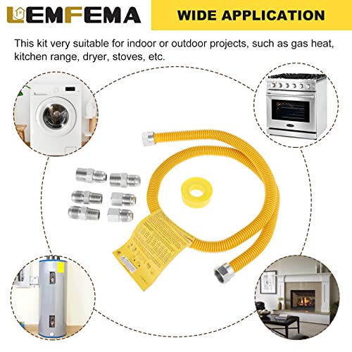 Lemfema 48"Gas Hose Connector Kit Gas Line for Dryer, Water Heater, Stove- 5/8 In. OD (1/2 In. ID) 1/2 In Flexible Gas Line, FIP X 1/2 in. MIP X 3/4 In. MIP Fitting, Stainless Steel, Yellow Coated - Image 4