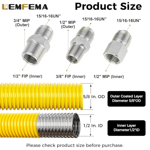 Lemfema 48"Gas Hose Connector Kit Gas Line for Dryer, Water Heater, Stove- 5/8 In. OD (1/2 In. ID) 1/2 In Flexible Gas Line, FIP X 1/2 in. MIP X 3/4 In. MIP Fitting, Stainless Steel, Yellow Coated - Image 3