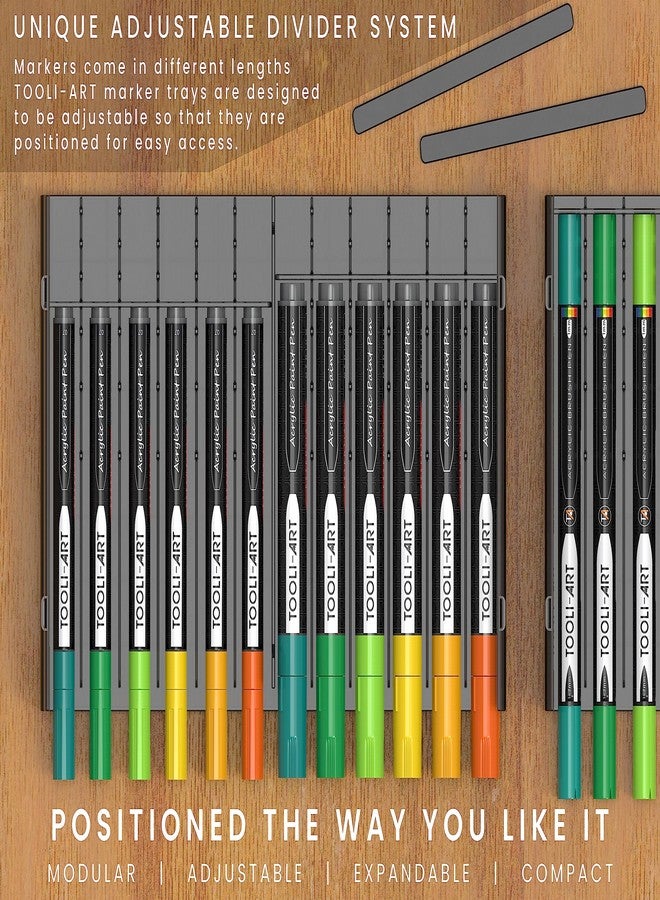 TOOLI-ART 72 Art Marker Storage Tray Desk Organizer Holder, Adjustable Dividers, Modular, Expandable, Stackable, Fit Most Pen, Pencil, Brushes. School, Home, Multi Purpose Tinted Plastic 6 Trays - Image 4