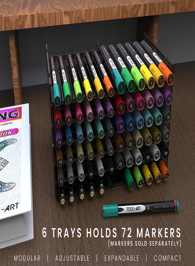 TOOLI-ART 72 Art Marker Storage Tray Desk Organizer Holder, Adjustable Dividers, Modular, Expandable, Stackable, Fit Most Pen, Pencil, Brushes. School, Home, Multi Purpose Tinted Plastic 6 Trays - Image 3