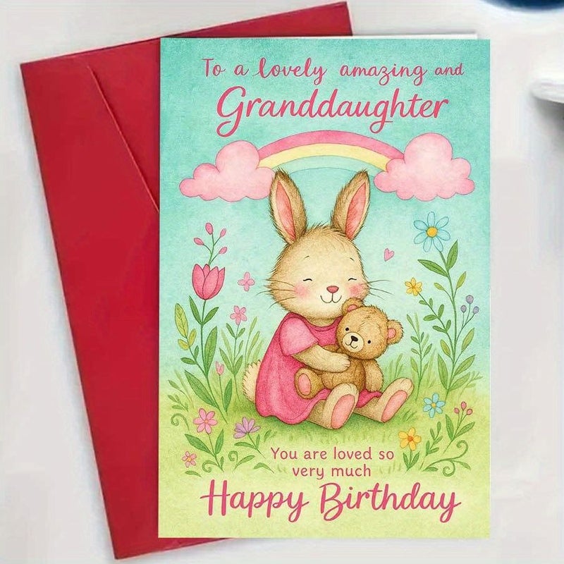 Red Bunny Teddy Bear Birthday Card for Granddaughter with Envelope - Image 1