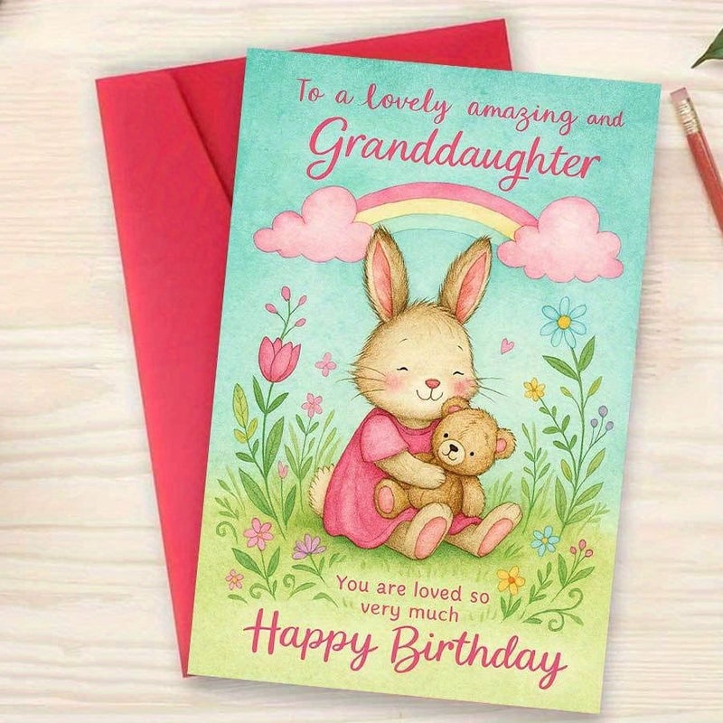 Red Bunny Teddy Bear Birthday Card for Granddaughter with Envelope - Image 5
