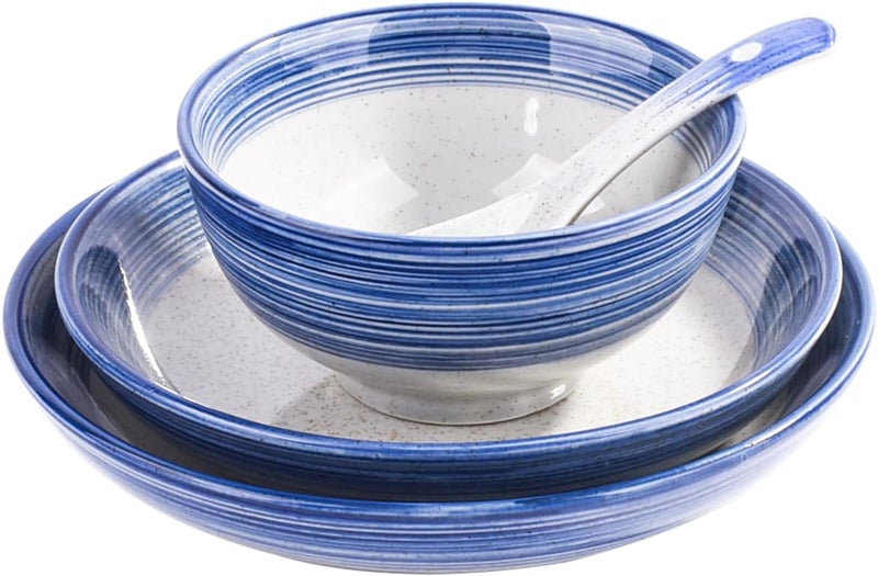 Whitenesser 4Piece Blue Ceramic Dinnerware Set Plate Dish Bowl Spoon Japanese Handpainted Tableware set A Good Tableware BS - Image 1