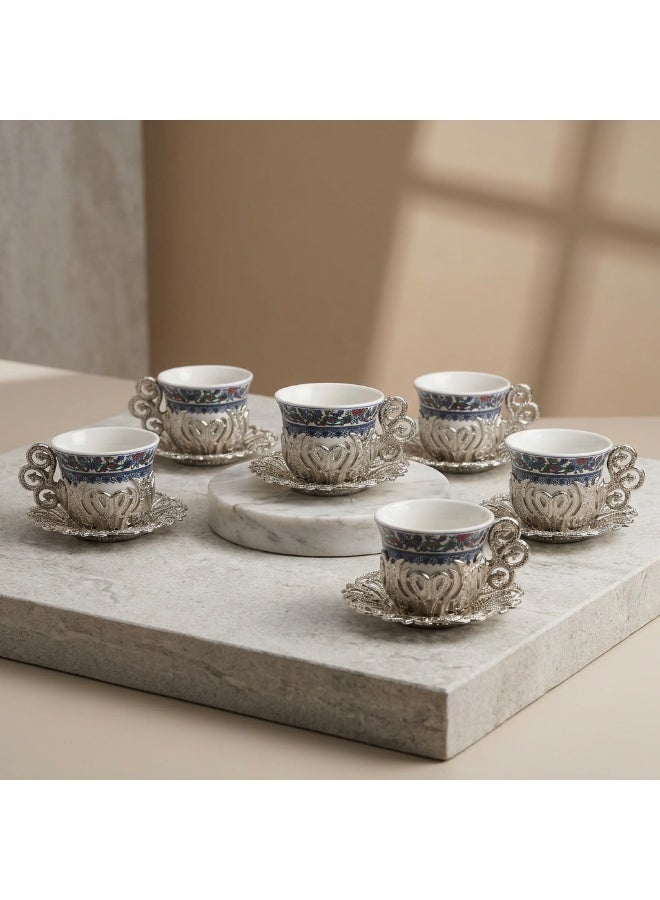 ACAR Luxury Turkish Coffee Cup Set 18 Pieces - 6 Porcelain Cups with 6 Elegant Silver-Colored Holders & 6 Metal Saucers | Made in Turkey - Image 1