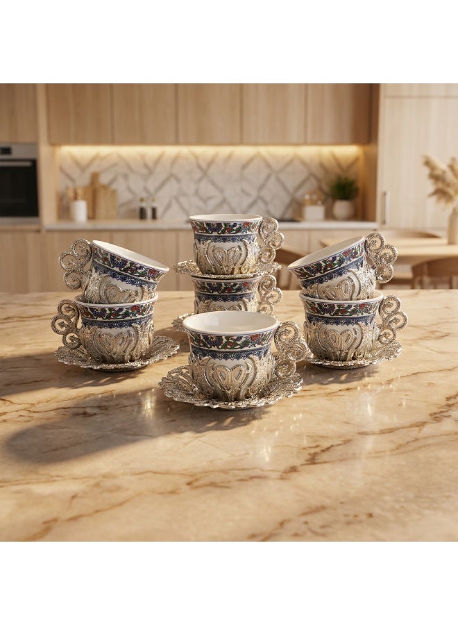 ACAR Luxury Turkish Coffee Cup Set 18 Pieces - 6 Porcelain Cups with 6 Elegant Silver-Colored Holders & 6 Metal Saucers | Made in Turkey - Image 5