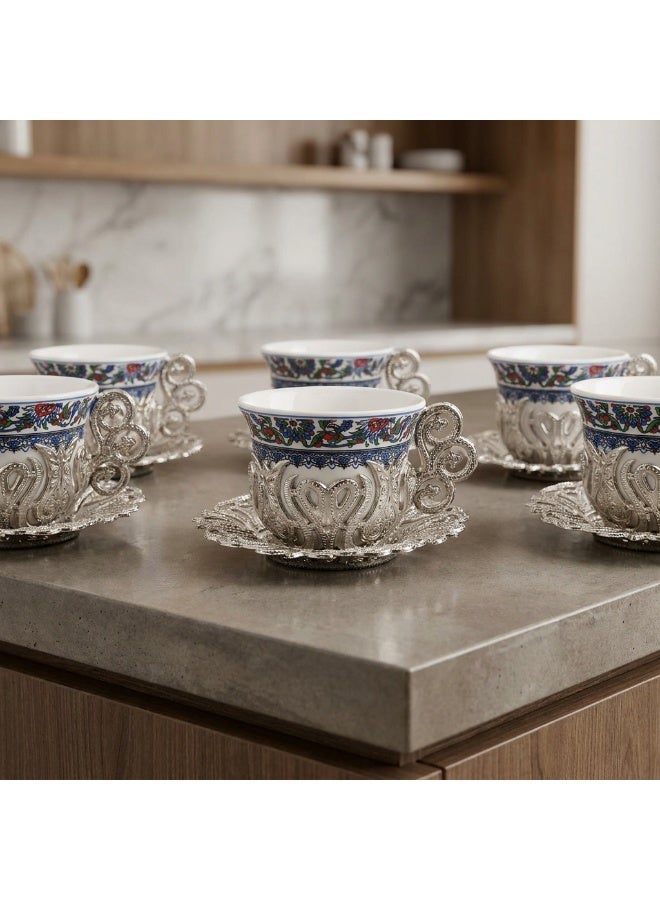 ACAR Luxury Turkish Coffee Cup Set 18 Pieces - 6 Porcelain Cups with 6 Elegant Silver-Colored Holders & 6 Metal Saucers | Made in Turkey - Image 2